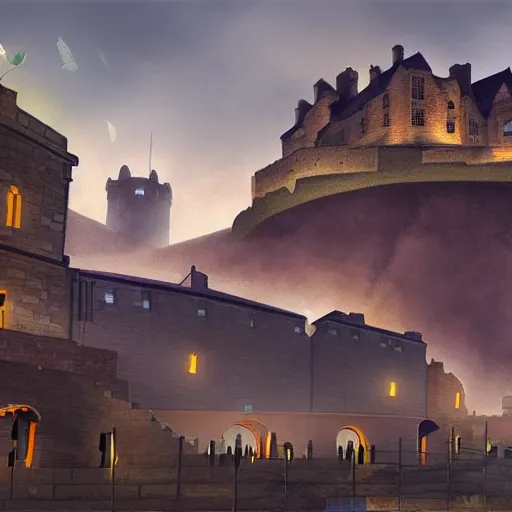 Prompt: sharks swimming above Edinburgh Castle, concept art in style of Greg Rutkowki, dynamic lighting, highly detailed