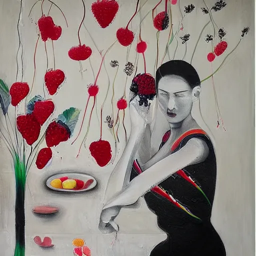 Image similar to “art in an Australian artist’s apartment, portrait of a depressed woman wearing white silk cloth stained by fresh raspberries and strawberries and blueberries, white wax, edible flowers, Japanese pottery, Australian native white and red flowers ikebana, black walls, acrylic and spray paint and oilstick on canvas”