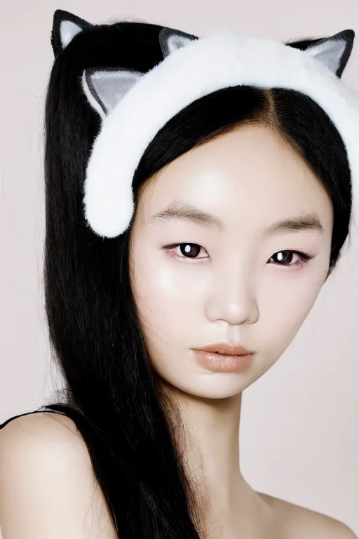 Image similar to aesthetic photograph of alluring young Japanese woman wearing white cat ear headband, by Nick Knight and jia ruan, headshot, realistic, photorealistic, HD, 4k resolution