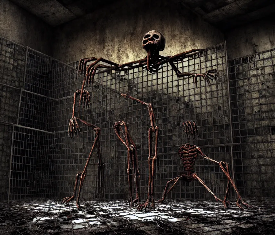 Image similar to creepy huge suffering humanoid with long limbs sits. an underground very dark gloomy multi - layered structure of rusty thick iron grates, dense chain - link fencing and peeling walls. inside view, collapsed floors, bent rusted iron, masterpiece, black background, corners, cinematic, hyperdetailed, photorealistic, hyperrealism, octane render, shadows