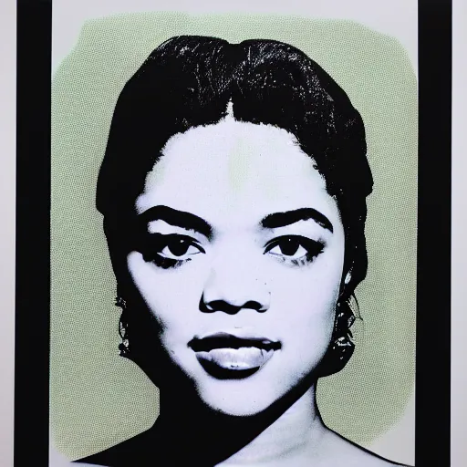 Prompt: screenprint solarized portrait of tessa thompson by andy warhol