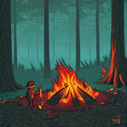 Prompt: A campfire in the forest by Dan Mumford