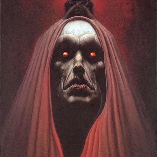 Image similar to inquisitor of Mephistopheles portrait by gerald brom and Zdzisław Beksiński, darkwave