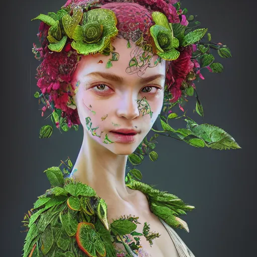 Prompt: the portrait of an absurdly beautiful, graceful, elegant, sophisticated, fashionable young woman made of strawberries and green petals looking up, an ultrafine hyperdetailed illustration by kim jung gi, irakli nadar, intricate linework, bright colors, octopath traveler, final fantasy, unreal engine 5 highly rendered, global illumination, radiant light, detailed and intricate environment