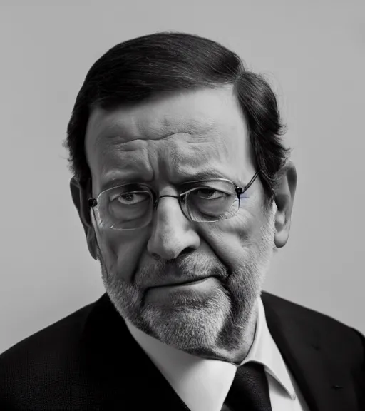 Image similar to A dramatic portrait of Mariano Rajoy, black and white, studio lighting