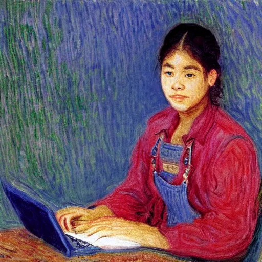 Prompt: philipino young woman with jeans overalls typing on laptop by monet