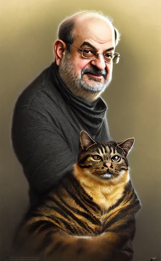 Image similar to portrait of salman rushdie with a cat, deep focus, d & d, fantasy, intricate, elegant, highly detailed, digital painting, artstation, concept art, matte, sharp focus, illustration, art by artgerm and greg rutkowski and alphonse mucha