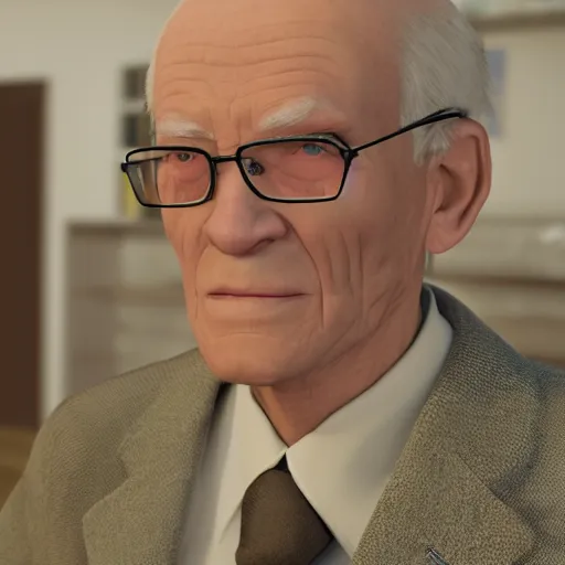 Prompt: Render of a 99 year old man named James Randal from New York, no beard, balding, square rimmed glasses, cream-colored button up shirt. Hyperdetailed, Medium shot, mid-shot, Unreal Engine, 4k,