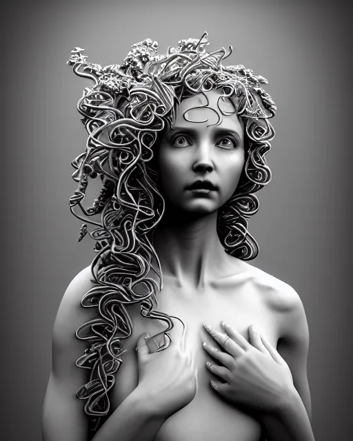 Image similar to surreal mythical dreamy underwater artistic black and white 3 d render of a translucent beautiful young female angelic - medusa - vegetal - doll, highly detailed, intricate crystal ivy jelly ornate, poetic, translucent algae ornate, digital art, octane render, 8 k artistic photography, photo - realistic, hg giger flora borsi