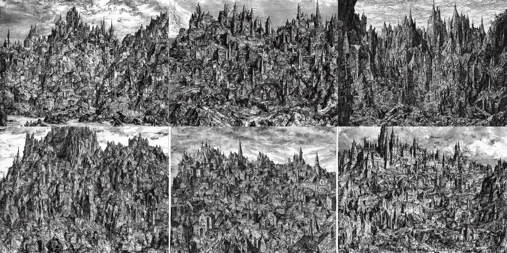 Prompt: a black and white illustration of middenheim, a huge medieval city on a rocky outcrop by bernie wrightson, ian miller, gustave dore, albrecht durer, storybook illustration, highly detailed, pen and ink on paper