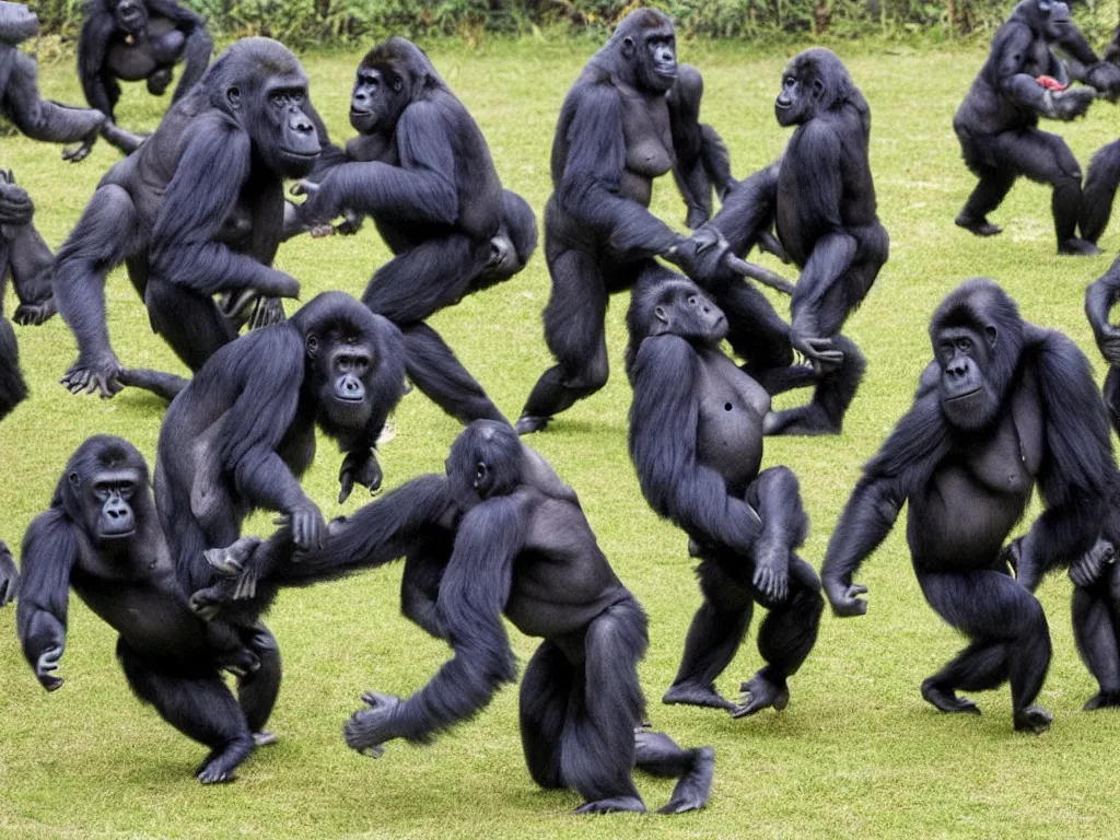 Image similar to gorillas playing a soccer game, vivid