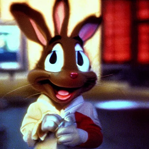 Prompt: still image of bugs bunny in the dark knight, cinematic, anamorphic, 8 0 mm f / 2. 8 l, 3 5 mm film, movie