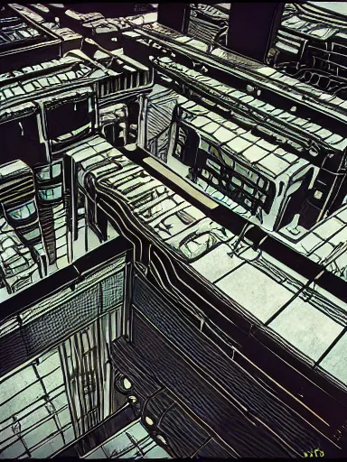 Image similar to horizontal view, cyberpunk, animation concept art, studio ghibli style, clear reflection, full page scan of 3 0 0 0 s detailed concept art, cyberpunk, mathematics and geometry, architecture, sewage system, urban section, floor plan, architectural section, post apocalyptic, desaturated, summer feeling