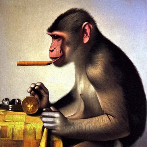 Prompt: Monkey smoking a Cuban cigar, oil on canvas, by Johannes Vermeer