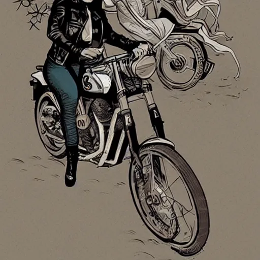 Image similar to a comic noir illustration of a hot tattood women riding a motorcycle through a post-apocalyptic desert by Queens of the Stone Age and sachin teng, dark vibes, street art, cinematic, high contrast, depth of field