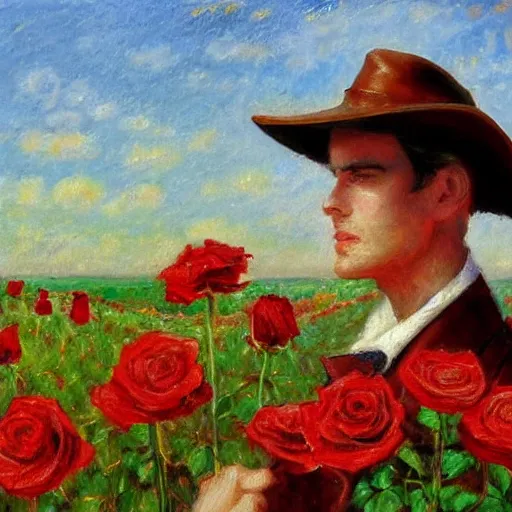 Image similar to an impressionist painting of a tall man with blue eyes and brown hair stands in the middle of a field of red roses. He is wearing a leather wide brim hat and a leather vest. He holds a single red rose in his hand