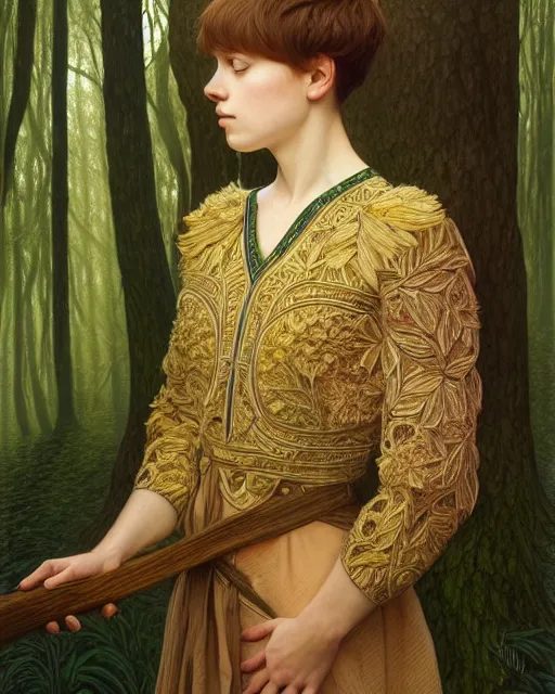 Image similar to symmetry portrait of welsh brunette student in mans tunic, embroidery, trees, tomboy, short hair, intricate forest background, intricate, elegant, highly detailed, digital painting, artstation, concept art, smooth, sharp focus, illustration, art by artgerm and greg rutkowski and fra angelico and alphons mucha