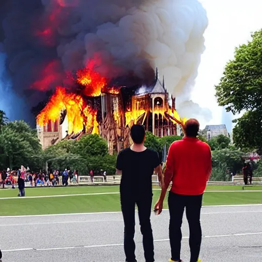 Image similar to “minions laughing as the Notre dame burns behind them”