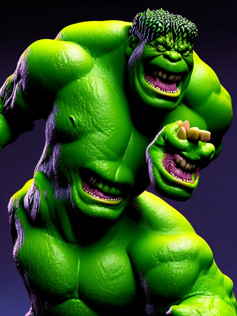 Image similar to hyperrealistic rendering, fat smooth cronenberg flesh monster hulk by bernie wrightson and killian eng and joe fenton, product photography, action figure, sofubi, studio lighting, colored gels, colored background