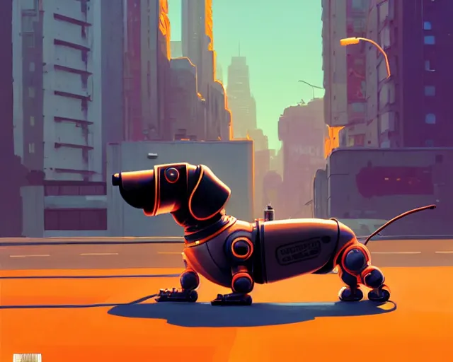 Image similar to robot shaped like a dachshund, hyper - realistic, gta v cover art, celshading, sharp focus, intricate, detailed, rhads, andreas rocha, makoto shinkai, lois van baarle, ilya kuvshinov, greg rutkowski, dynamic lighting, grunge aesthetic, 4 k