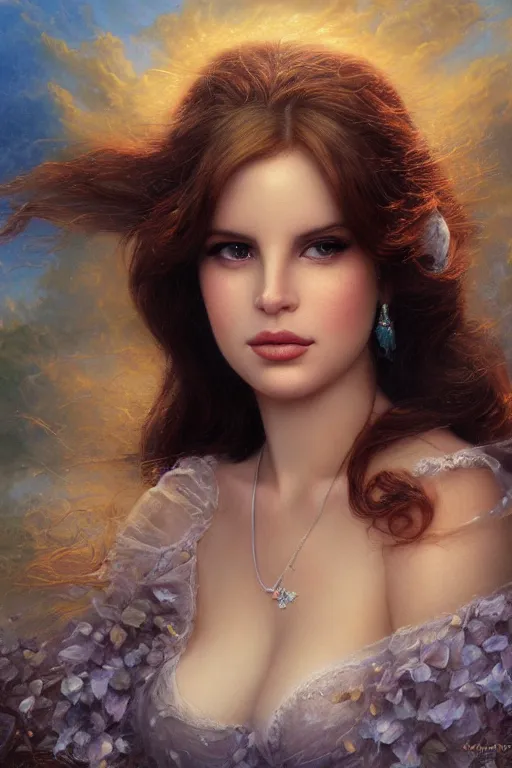 Prompt: Lana Del Rey, Lilia Alvarado, Sophie Anderson, Mark Arian, Bob Byerley, Charlie Bowater, Mark Brooks, Steve Henderson, Justin Gerard, Arthur Hughes, Edward Robert Hughes, Mark Keathley, Victor Nizovtsev, Carlos Shwabe, Ross Tran, WLOP