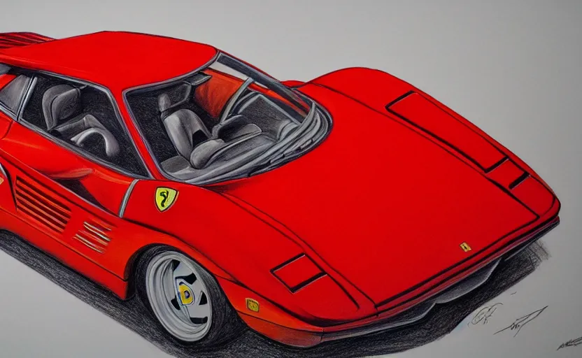 Image similar to a drawing of a red Ferrari Testarossa with wheels and rims, an airbrush painting by Ed Roth, trending on cgsociety, modern european ink painting, matte drawing, airbrush art, detailed painting, 8k