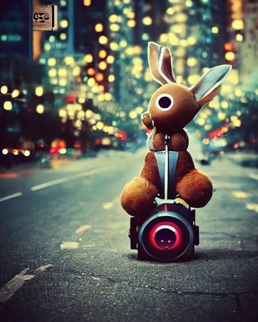 Image similar to 500mm telephoto lens bokeh lights!!! epic pose!!! googly eyed giant oversized rocket battle rabbit robot chubby mech baby sport car double decker with giant oversized ears and rabbit babies ,in busy city , full body , Cinematic focus, Polaroid photo, vintage , neutral dull colors, soft lights, foggy , by oleg oprisco , by national archives, by discovery channel, by victor enrich , by gregory crewdson