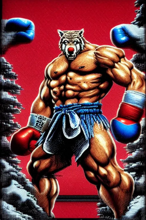 Image similar to extreme long shot. 8 bit nes graphics. antropomorphic muscular masculine wolf. kickboxer fighter, in shorts. wolf head. streetfighter, contra. fine details, very sharp, art from nes game cartridge, 8 0's, vhs artefacts, vaporwave style, marc simonetti and hermann nitsch