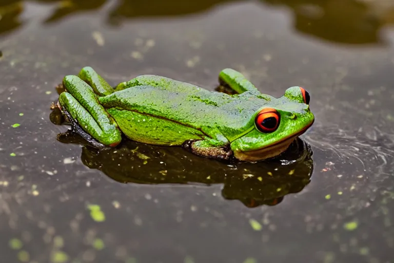 Prompt: a frog made out of lava hopping into a pond, nature photo 85mm