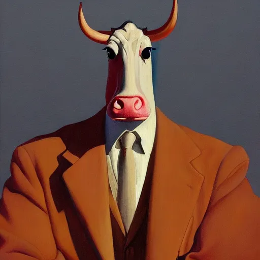 Prompt: Portrait of mr. Cow wearing a business suit , very coherent, painted by Edward Hopper, Wayne Barlowe, painted by James Gilleard, airbrush, art by JamesJean