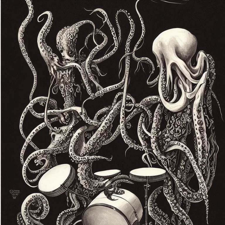 Image similar to a beautiful painting by gerald brom of a couple of octopus playing drums and telecaster guitar in an electronic concert, black background, concert light, dark mood, warm lights