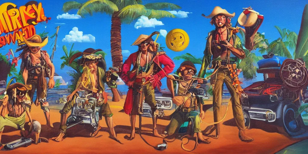 Prompt: Monkey cowboys pirates and tropical island, retro future, oil paint on canvas