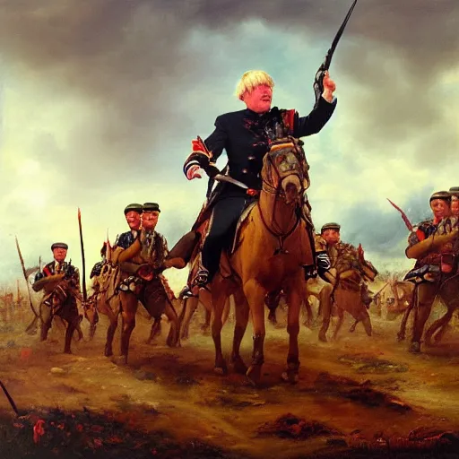 Image similar to oil painting of general Boris Johnson leading his men into battle, glorified image, 8k, oil painting