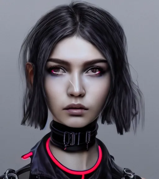 Prompt: detailed realistic female character cyberpunk wearing thick steel collar around neck, realistic, art, beautiful, 4K, collar, choker, collar around neck, punk, artstation, detailed, (female), woman, choker, cyberpunk, neon, punk, collar, choker, collar around neck, thick collar, tight around neck, punk,