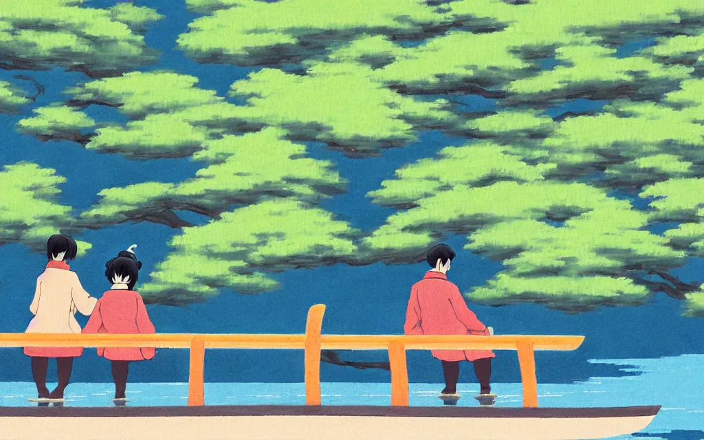 Image similar to a woman sitting on a bench with a man on a boat painting in yamato - e style