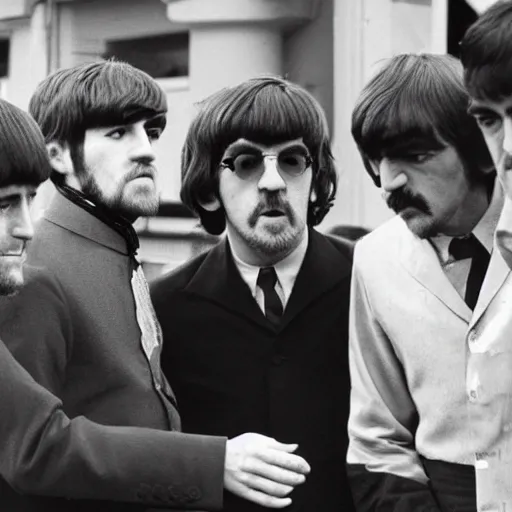 Image similar to a photo of paul, george, ringo and john all with a blank look on their faces, looking at one another