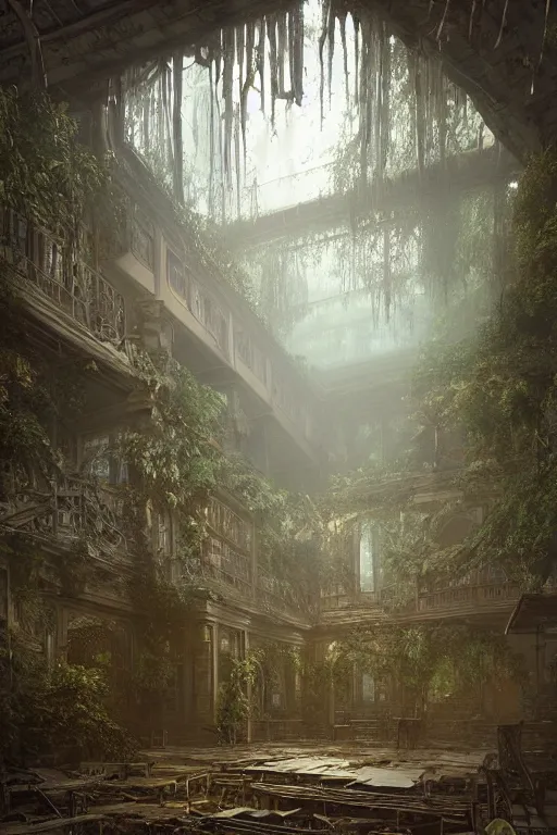 Prompt: a decaying interior of ( ( old library ) ) with a rainforest growing inside, magical - wisps in the air, highly detailed, intricate detail, realistic shaded lighting, beautiful 3 d rendering, octane render, hyperrealistic, trending on artstation, by greg rutkowski and simon stalenhag