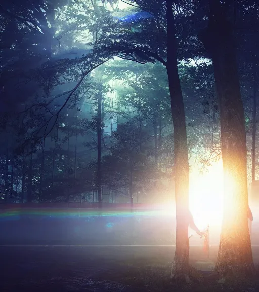 Image similar to night flashlight photography of the symmetric daydreaming of the god of sun glare, fluid dance of the blockchain big cotton sheets in the center of the air, cyberpunk forest, majestic light, octane render, beauty fog, ethereal glare of the sun, raining rainbow, volumetric lighting, hyperealistic, epic, masterpiece