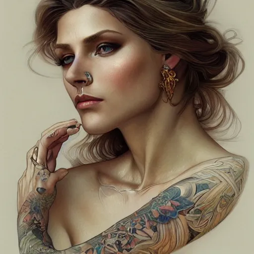 Image similar to ultra realistic illustration, a hot and beautiful tattooed blonde slavic woman in her 3 0's, intricate, elegant, highly detailed, digital painting, artstation, concept art, smooth, sharp focus, illustration, art by artgerm and greg rutkowski and alphonse mucha