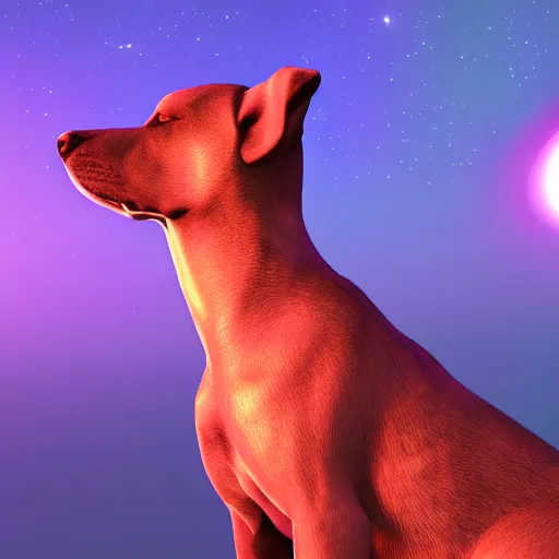 Image similar to render of dog at night, cosmic dog, galaxy coloured dog, rendered in unreal engine, artstation, colourful