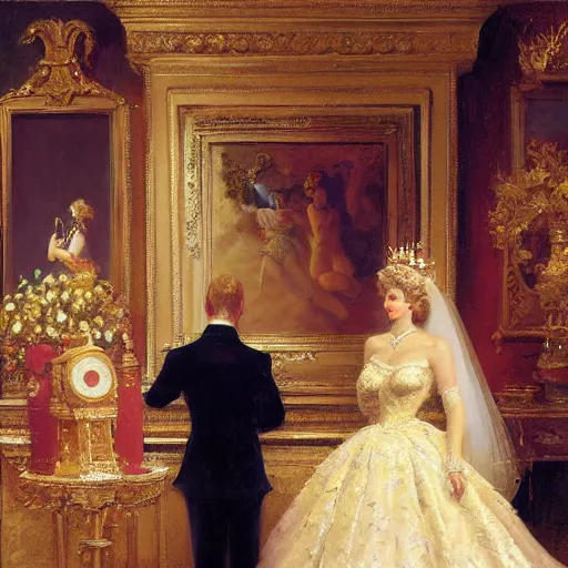 Image similar to painting of prince william marrying attractive marilyn monroe, painting at the victoria and albert museum, highly detailed painting by gaston bussiere, craig mullins, j. c. leyendecker 8 k