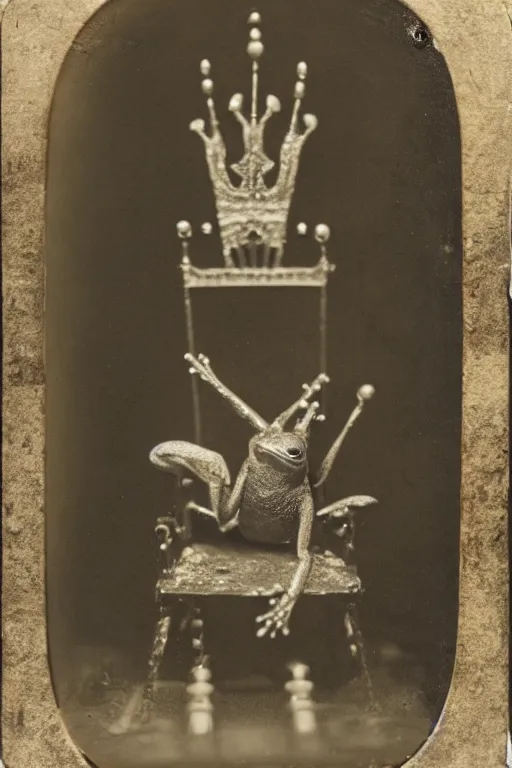 Prompt: a wet plate photo of an anthropomorphic frog sitting on a throne wearing a crown