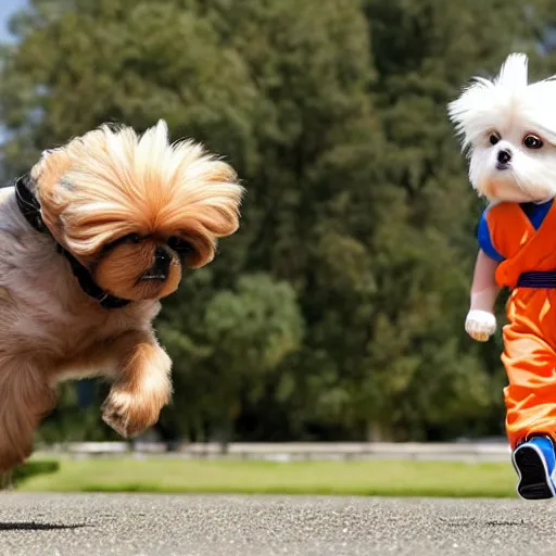 Prompt: Goku walking a maltese dog