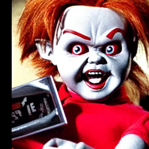 Image similar to Chucky the killer doll from the movie Child's Play eating Pizza at Pizza Hut