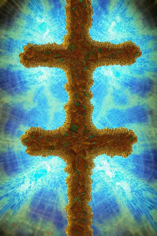 Image similar to a crystalline 3 d mandelbulb fractal in the shape of a christian cross, bioluminescent opal, fractal, magnificent lighting, ethereal, ray tracing, octane, holographic