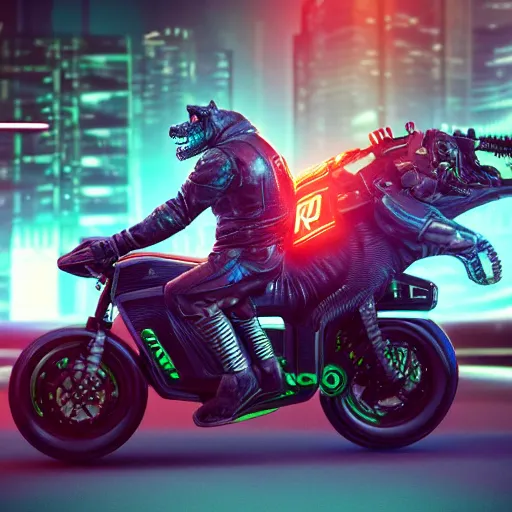 Prompt: portrait of a neon cyberpunk cyborg jaguar animal riding a motorcycle, octane render