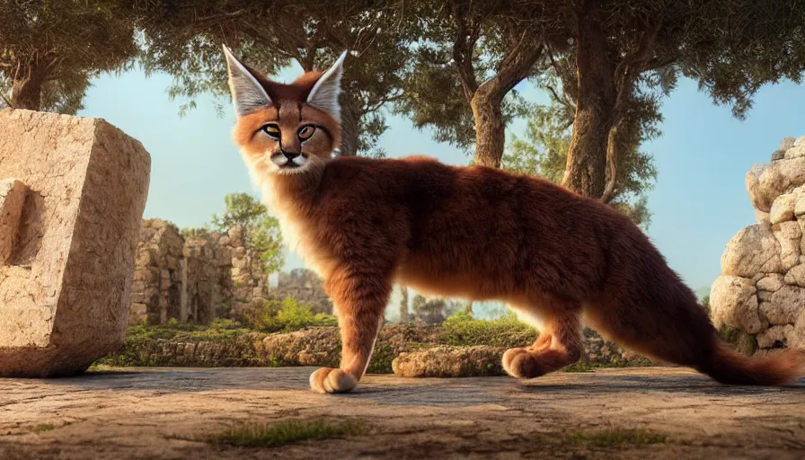 Image similar to wooden barrel on one side, fullbody photo of cute fluffy caracal in it, ancient greek city, sunny day, by ilya kuvshinov, rtx rendering, octane render 1 2 8 k, maya, extreme high intricate details by tom bagshaw, medium shot, close up shot, composition by sana takeda, lighting by greg rutkowski