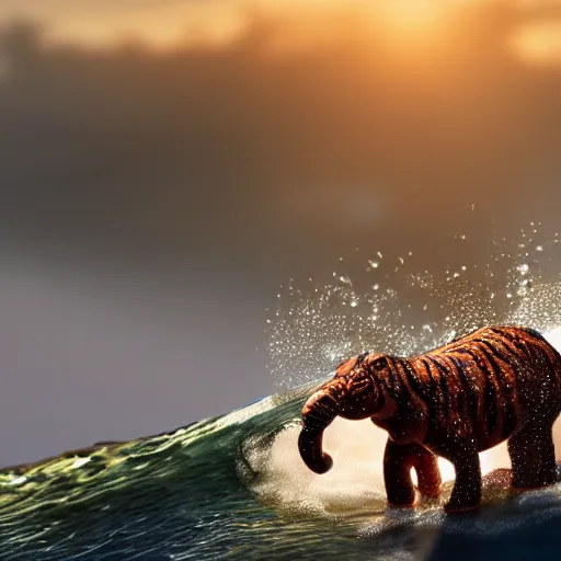 Image similar to a closeup photorealistic photograph of a cute smiling knitted tiger hippopotamus riding a large wave at sunset. surf in background. professional capture. brightly lit scene. this 4 k hd image is trending on artstation, featured on behance, well - rendered, extra crisp, features intricate detail, epic composition and the style of unreal engine.