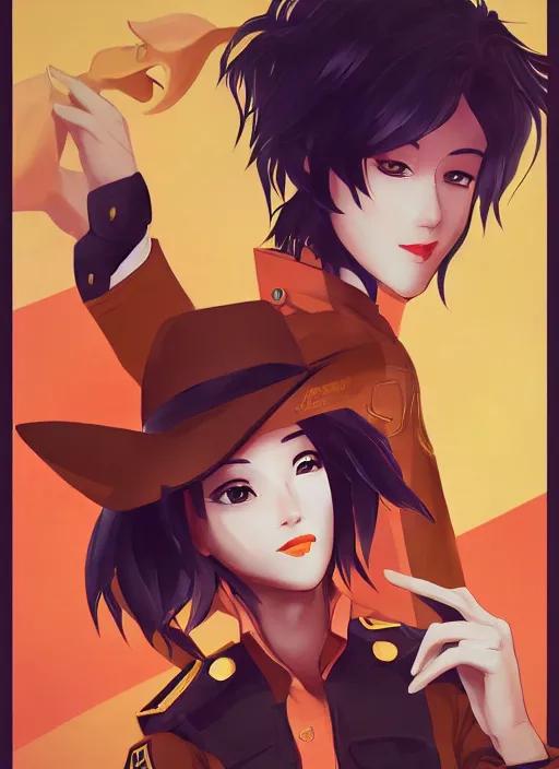 Image similar to full size persona, female sheriff, detail, ultra sharpness, beautiful female, detailed face, art by huyy nguyen, style by cain kuga, cowboy bebop art style, 3 2 beautiful color palettes with their corresponding gradient