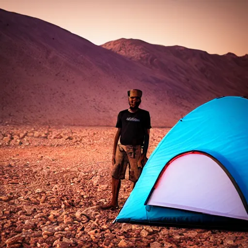 Image similar to realistic photo of omani man camping in desert, detailed, canon, bokeh